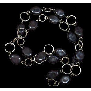 Black Beaded Silver Tone Ring Chain Opera Necklace